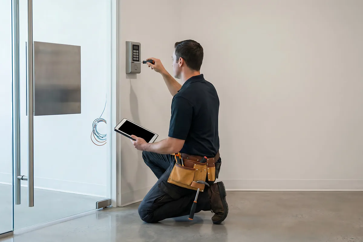 Technician installing a wall-mounted access control keypad beside a glass office door, Washington DC access control systems