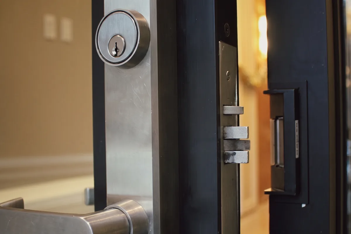 Stainless steel commercial mortise lock with key cylinder, lever handle, and electric strike on a storefront door, Washington DC commercial lock repair