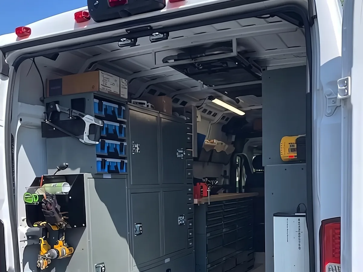 Commercial locksmith service van with organized tool storage, parts bins, and workbench, Washington DC