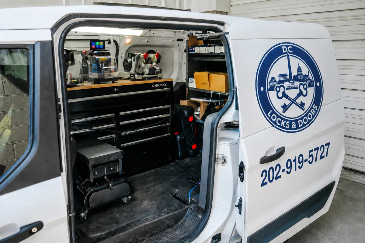 DC Locks & Doors mobile locksmith van with key cutting machines and tools, Washington DC